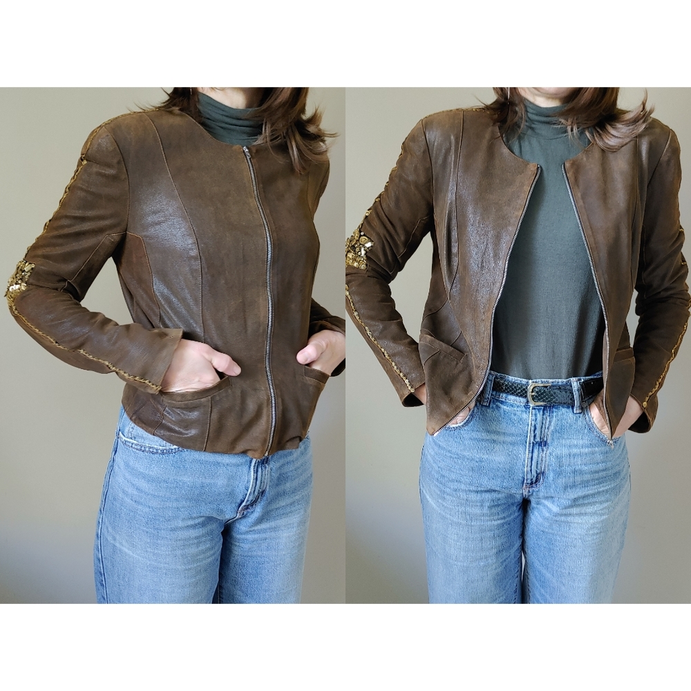 Sachin + Babi For Ankasa Brown Leather Jacket Size 8 - Picture 5 of 16